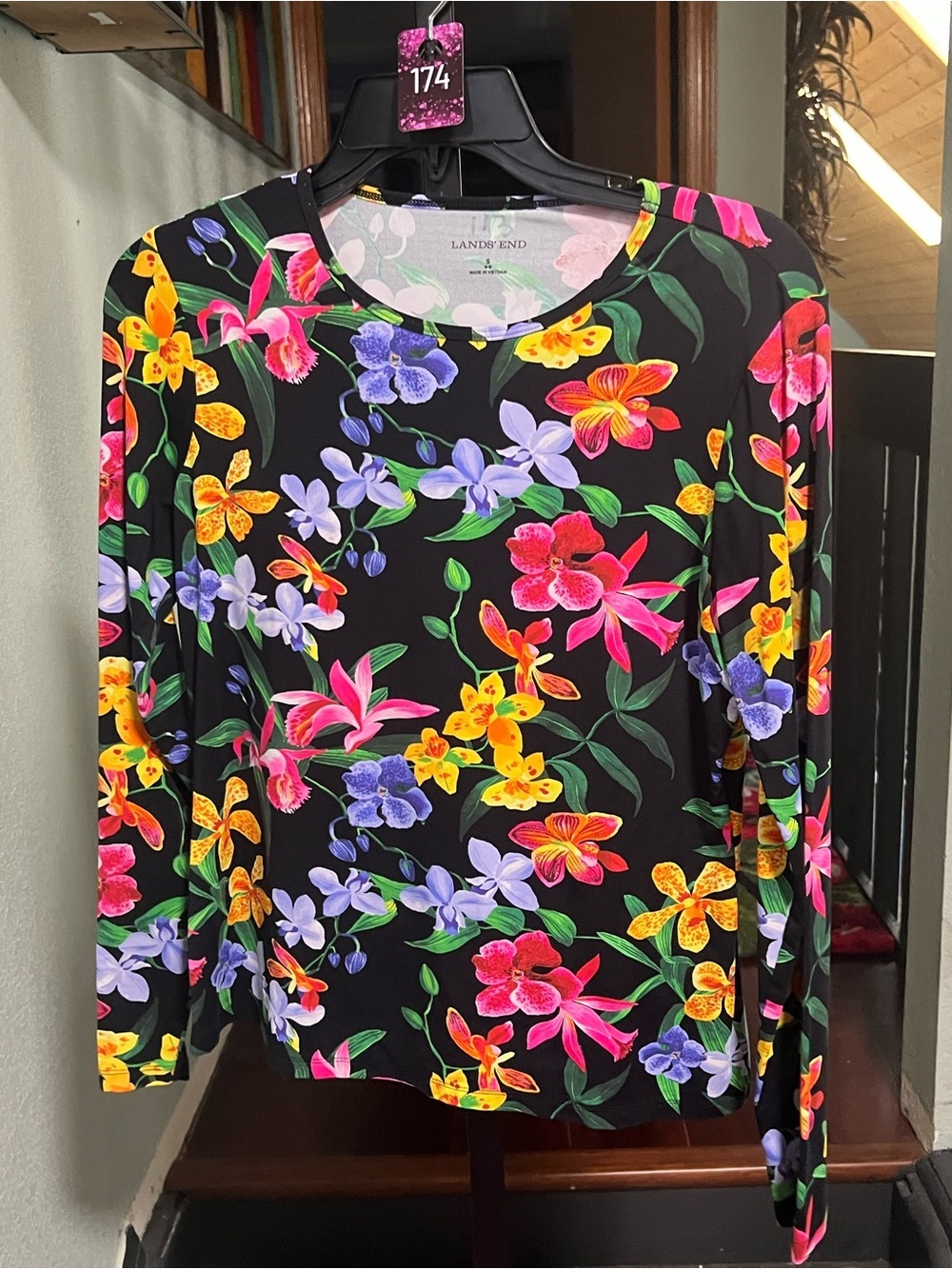 Lands' End Black Long-Sleeve Top with Bright Floral Print Size S #174